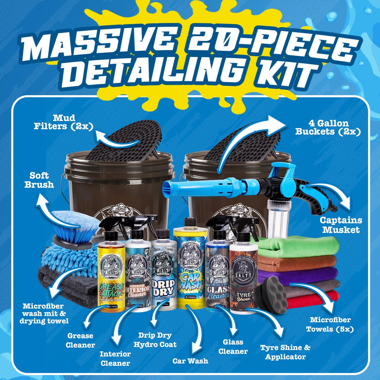 Salty Captain Mega 20-Piece DIY Car Cleaning Kit – All-in-One Car Detailing Kit with 2x Buckets, Towels, Brushes & 6x Cleaning Fluids – Foam Blaster compatible with Garden Hose – Premium Quality