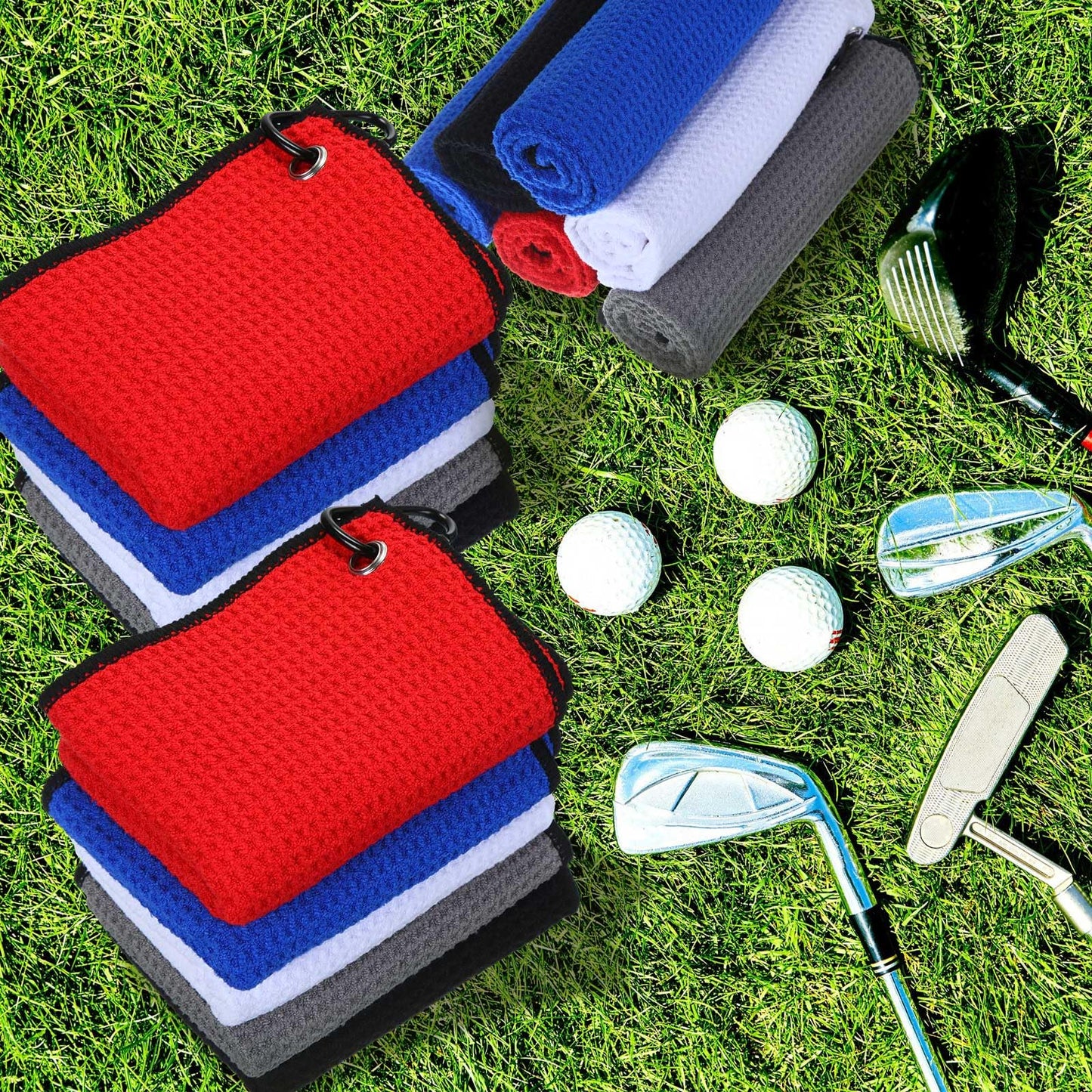 Batiyeer Golf Towels Bulk for Bags 16'' x 24'' Microfiber Waffle Pattern Golf Towels Trifold with Clip for Tournament, Hiking, Yoga(Classic Color,100 Pcs)