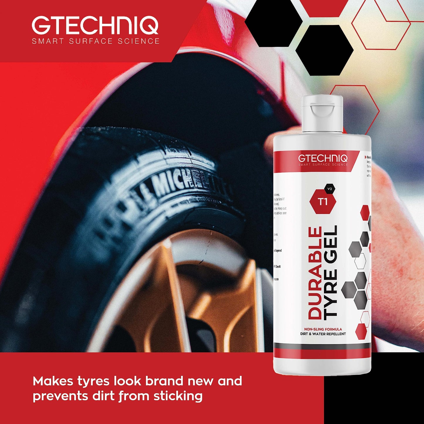 Gtechniq T1 Durable Tyre Gel for Car Tyre Shine, Car Wheel Cleaner Repels Water, Dirt and Grime, Restores Tyre Black Finish, Anti-Sling Formula, 100% Biodegradable, 250ml