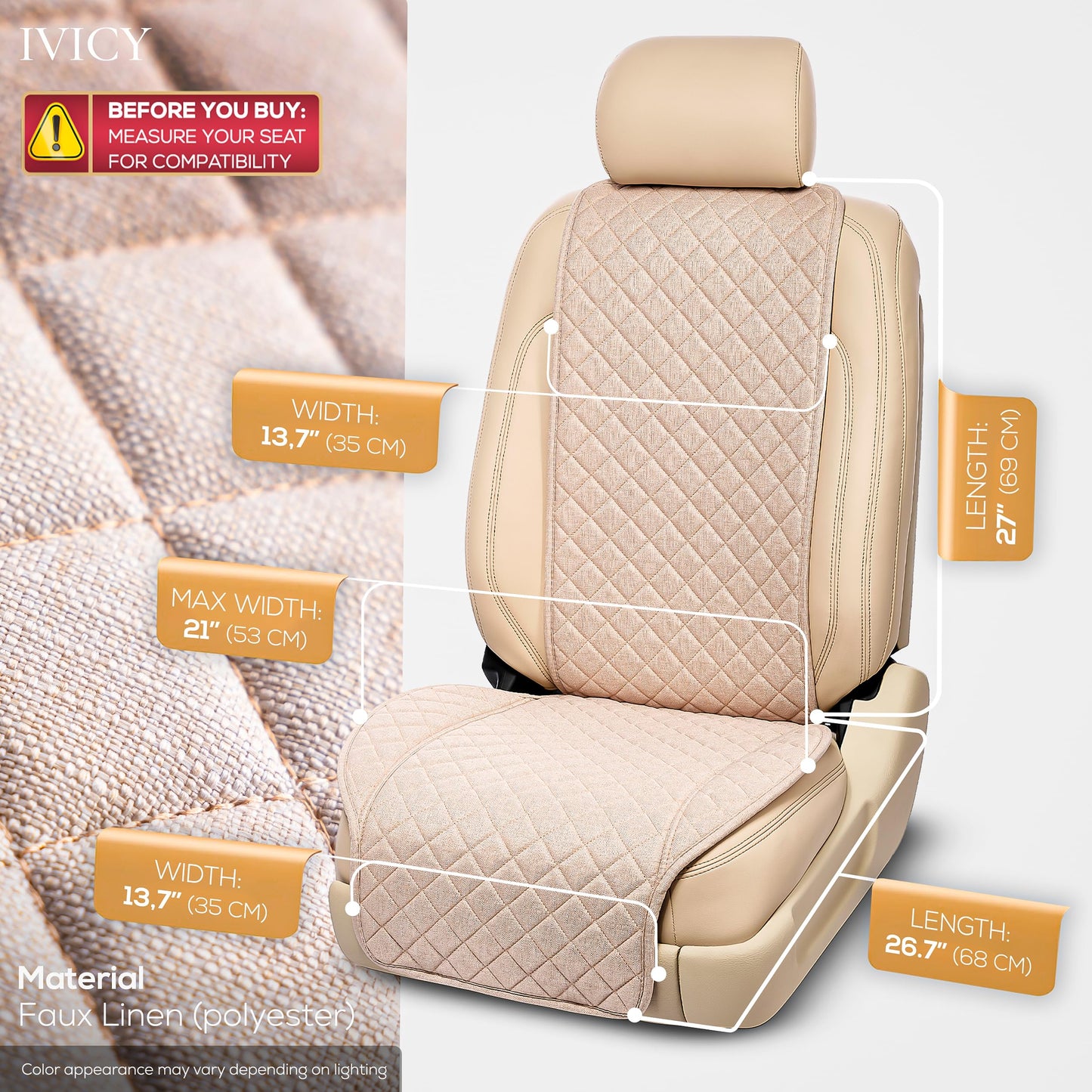 IVICY Faux Linen Car Seat Cover for Cars - Durable & Non-Slip - Front Car Seat Protector Covers for Most Automotive, Vans, SUVs, Trucks - 1 Unit - Light Beige