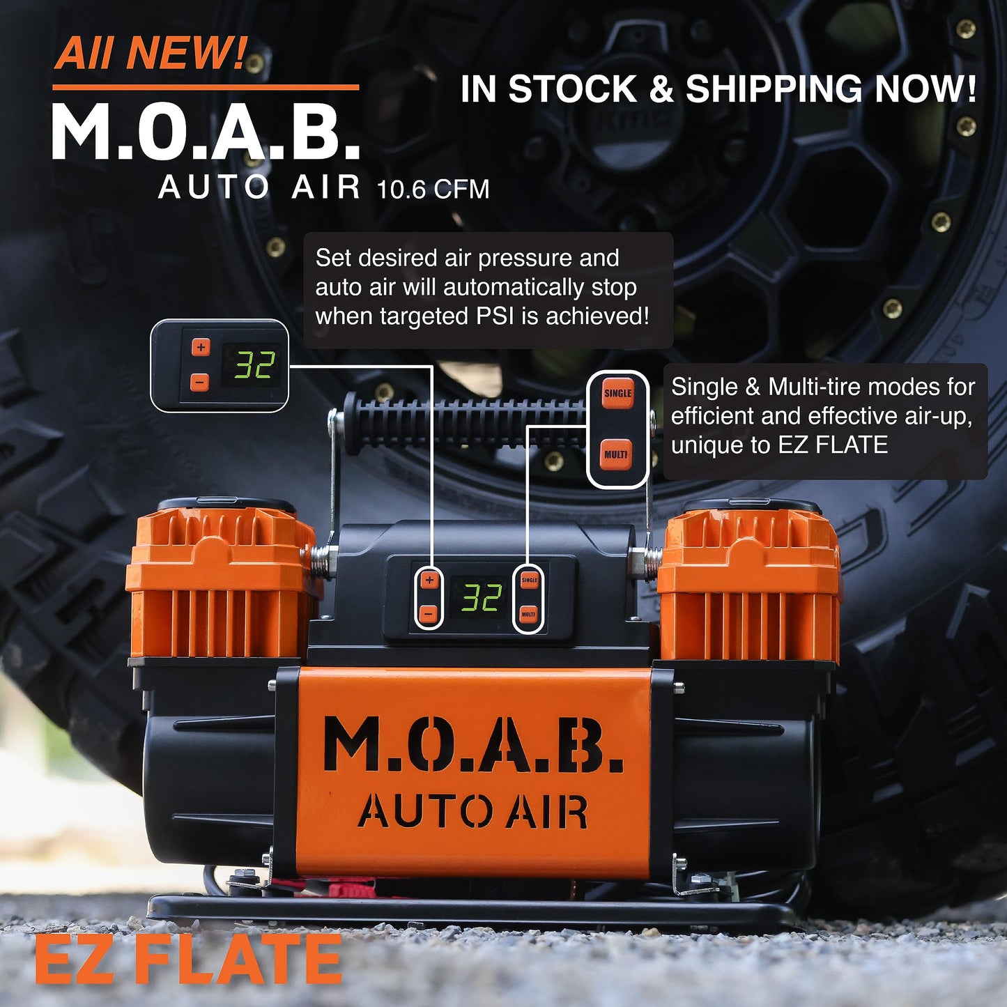 EZ FLATE M.O.A.B. Auto Air Compressor w/LCD Display, Set Target Pressure, dual air compressor, 10.6 CFM Offroad Air Compressor 4x4, 150 PSI, Inflator With Pressure Gauge