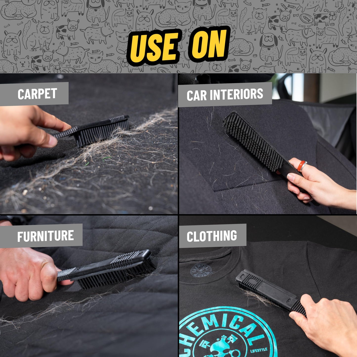 Chemical Guys ACC_S06 Professional Rubber Pet Hair Removal Brush, (Great for Cars, Trucks, SUVs, RVs, On-The-Go, Home, Furniture, & More) Black