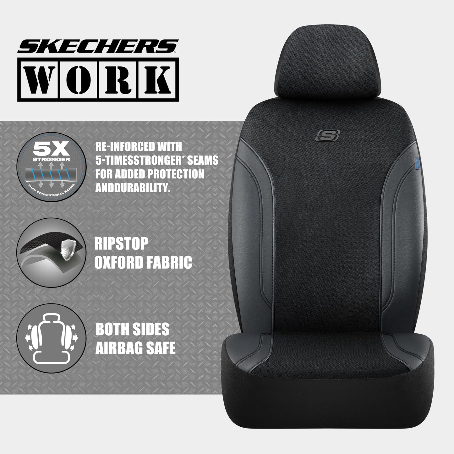 Skechers Car Seat Covers, Work Leather Seat Covers 5-Times Stronger Built-in Webbing, Oxford Fabric Front Seat Cover, Airbag Compatible, Automotive Comfort for Cars, Trucks, SUVs,Black