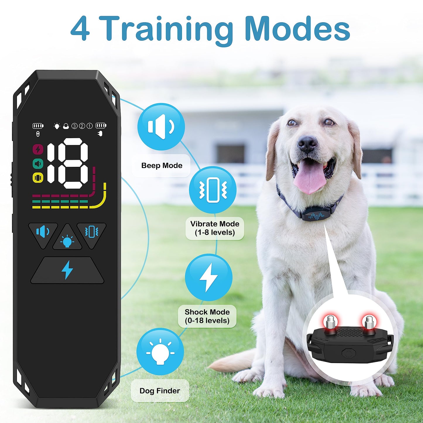 Dog Training Collar, Dog Shock Collar with Remote Control, 2500FT and 4 Training Modes Beep, Vibration, Electric Shock, IP67 Waterproof Rechargeable E-Collar for All Breed