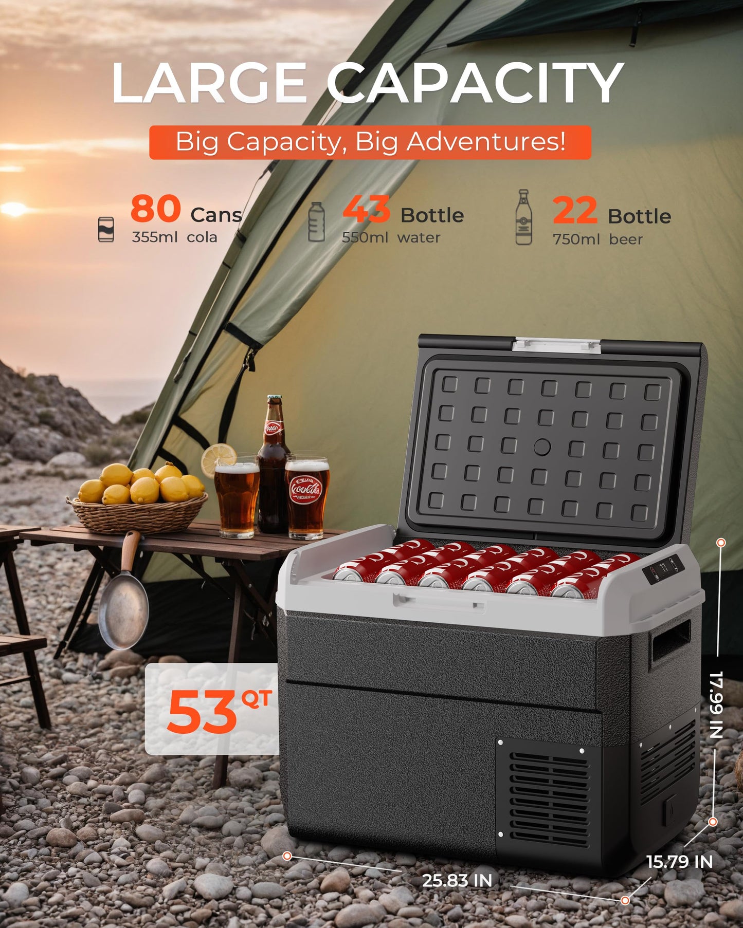 EKOJUCE 12 Volt Refrigerator, 53 Quart Electric Cooler, Car Fridge 12V/24V DC 100~240V AC, Portable Freezer -4℉~68℉, APP Control, Portable 12V Refrigerator Fridge for Truck, RV, Camping,Travel