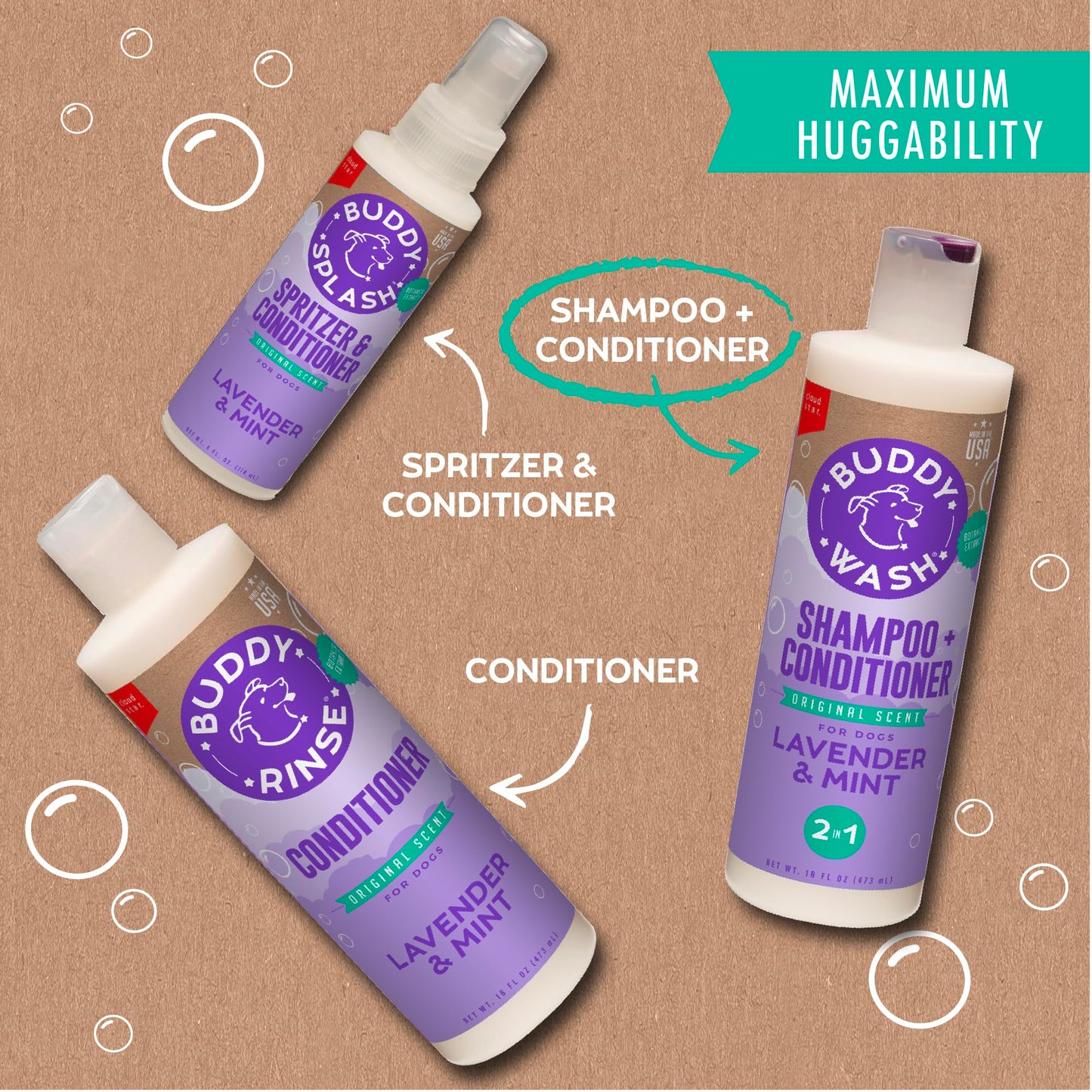 Buddy Grooming Wash 2 in 1 Dog Shampoo, Lavender & Mint, 16 oz. Bottle