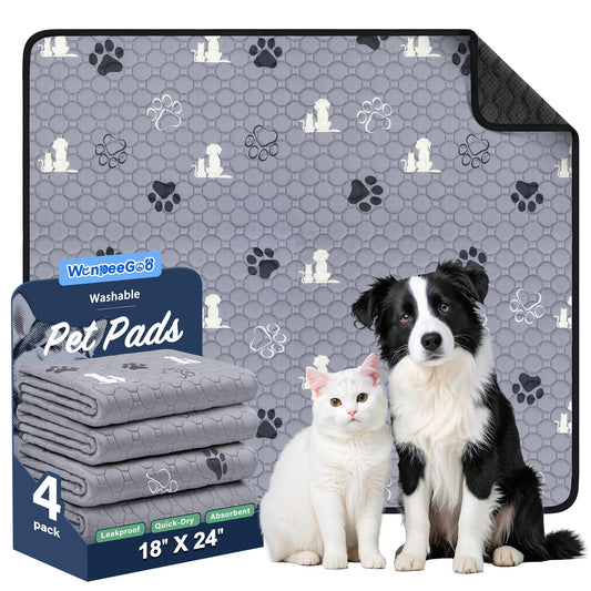 WanpeeGoo Washable Pee Pads for Dogs, 4 Pack Absorbent Reusable Training Dog Pads Pet Puppy Pads, Non-Slip Potty Pads for Whelping, Playpen, Crate, Bed, Grey 18"x24"