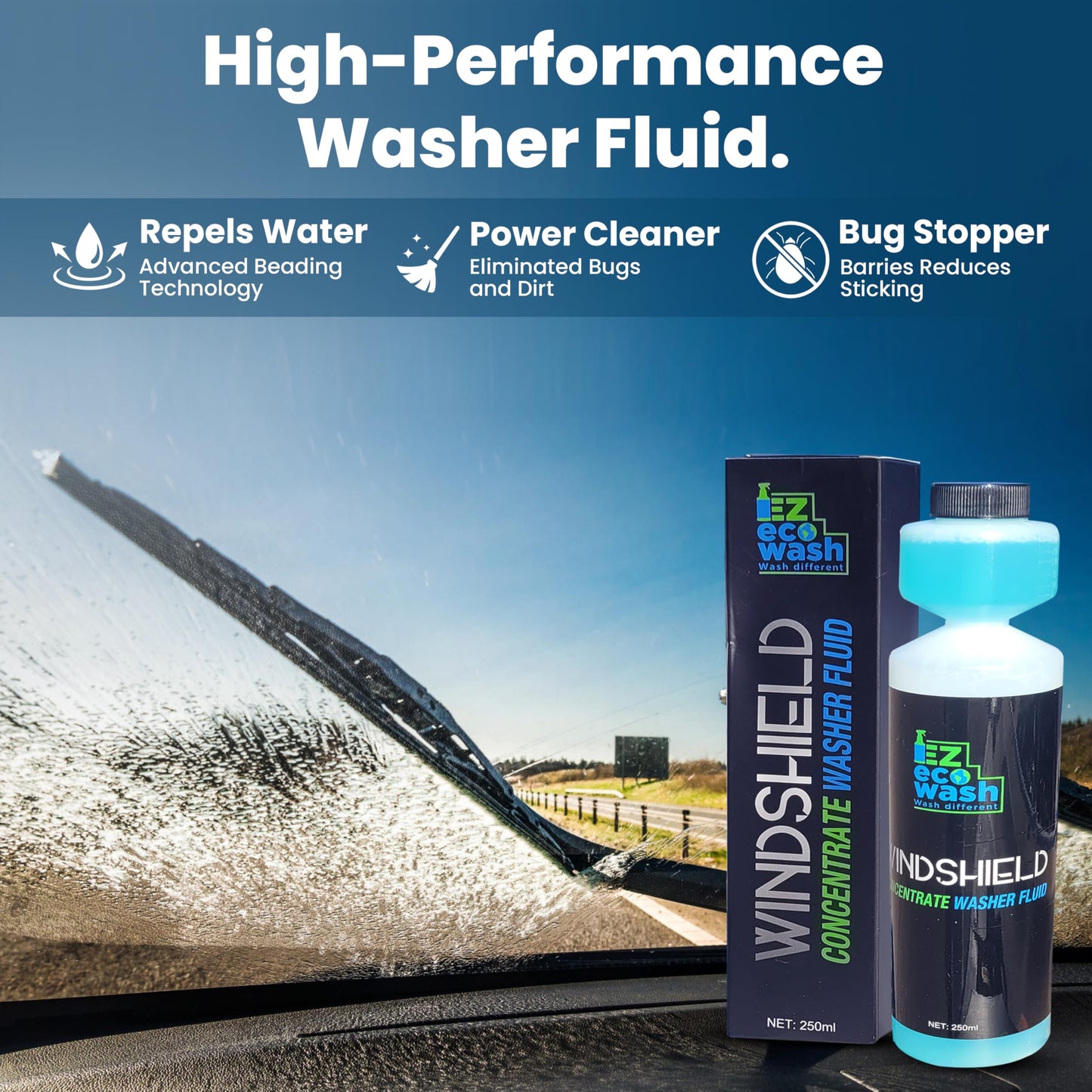 EZ eco wash Windshield washer fluid concentrate - 1:200 High-strength formula (250ml) with built-in pump - Removes dirt, bugs, and oil - safe for all surfaces, Ammonia-free