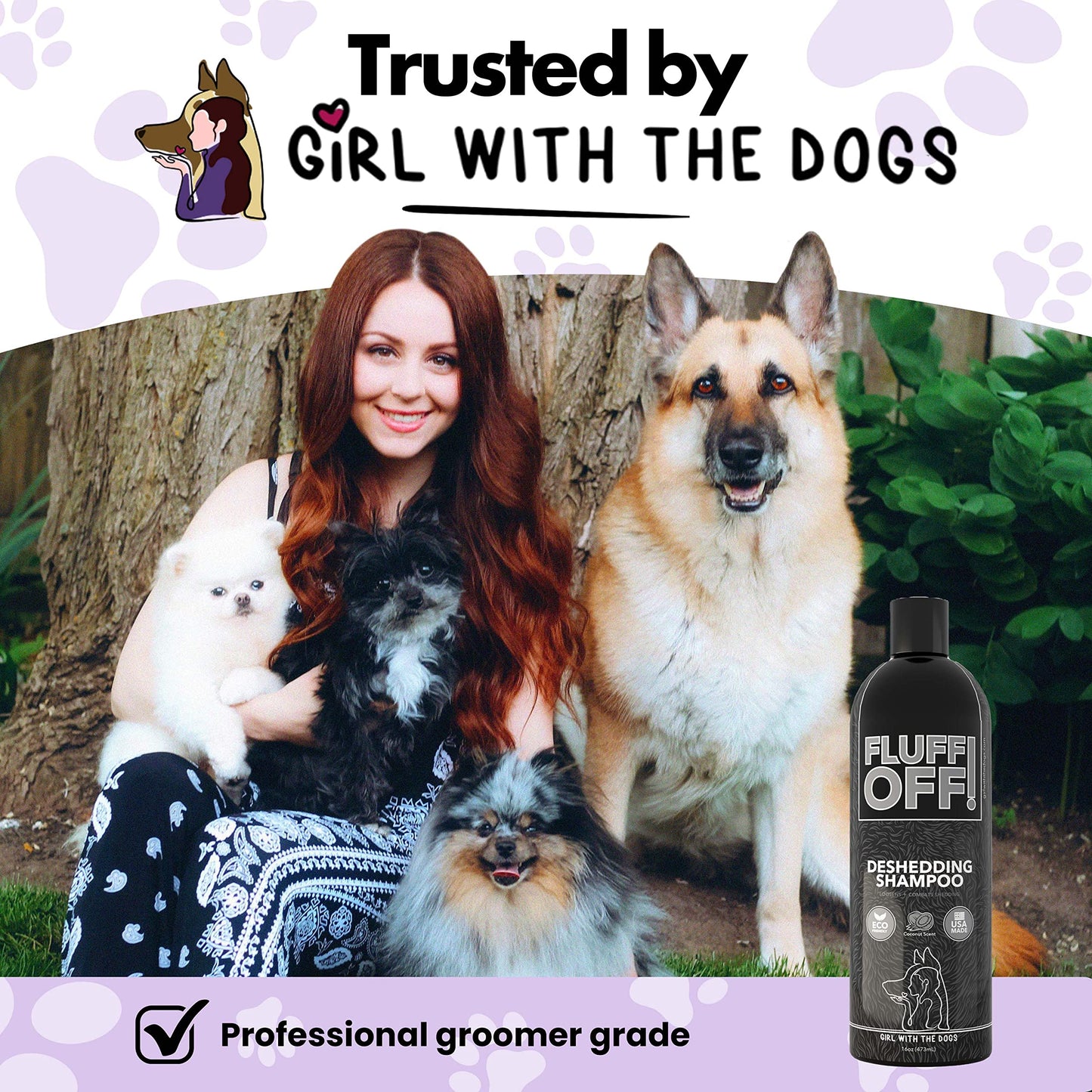 Fluff Off! by Girl With The Dogs, Natural Deshedding Dog & Cat Shampoo, 16 Oz, Made in USA, 8 Wks+