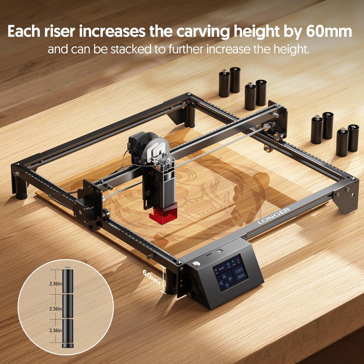LONGER Laser Engraver Ray5 5000mW Engraver Machine with Air Assist Kit DIY CNC Laser Cutter Tool for Metal Glass Wood Working Area 15.7 "x15.7" with 4-in-1 Rotary Roller Kit