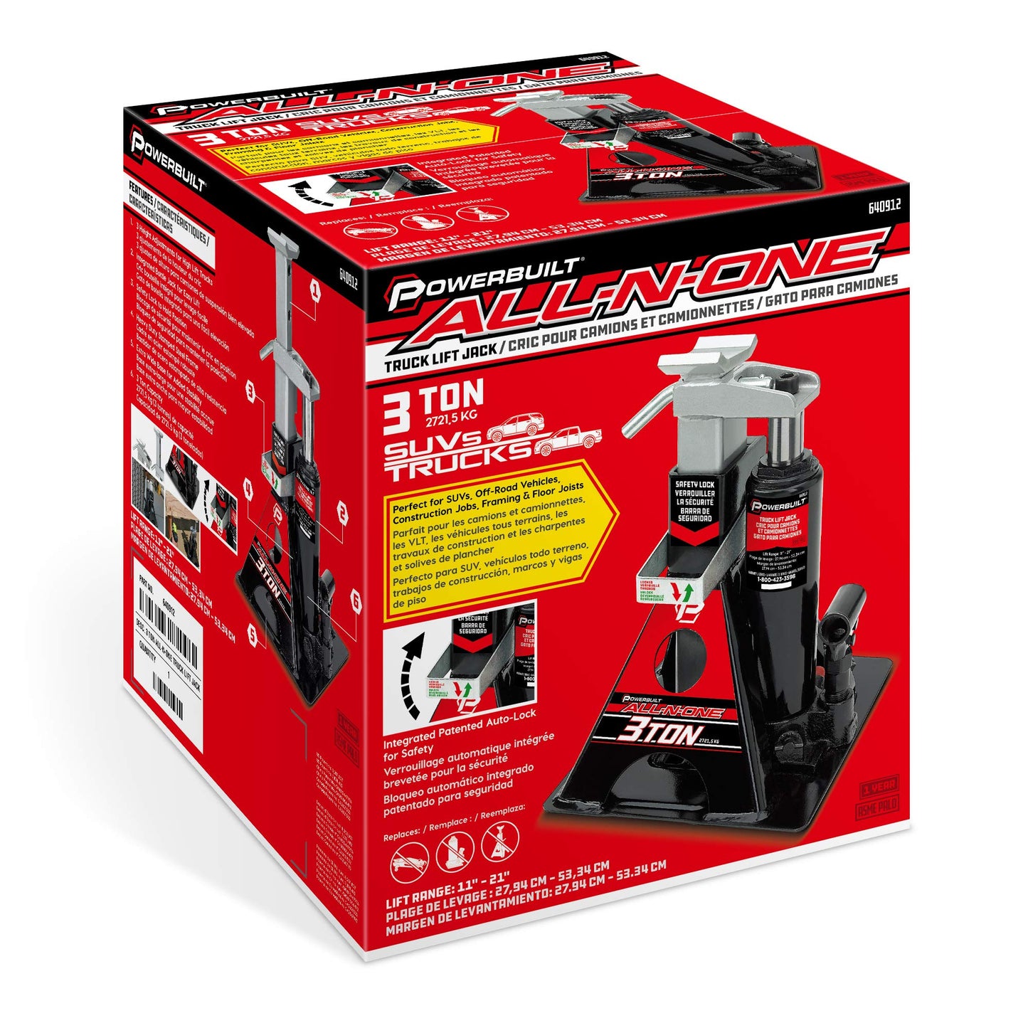 Powerbuilt 3 Ton All-in-One Hydraulic Bottle Jack and Jackstand in One Unit, Compact, Wide Base, 11-21 Inch Range, Eliminates Jackstands, for Unibody, Trucks, SUVs, RVs, Cars, Trailers, ASME - 640912