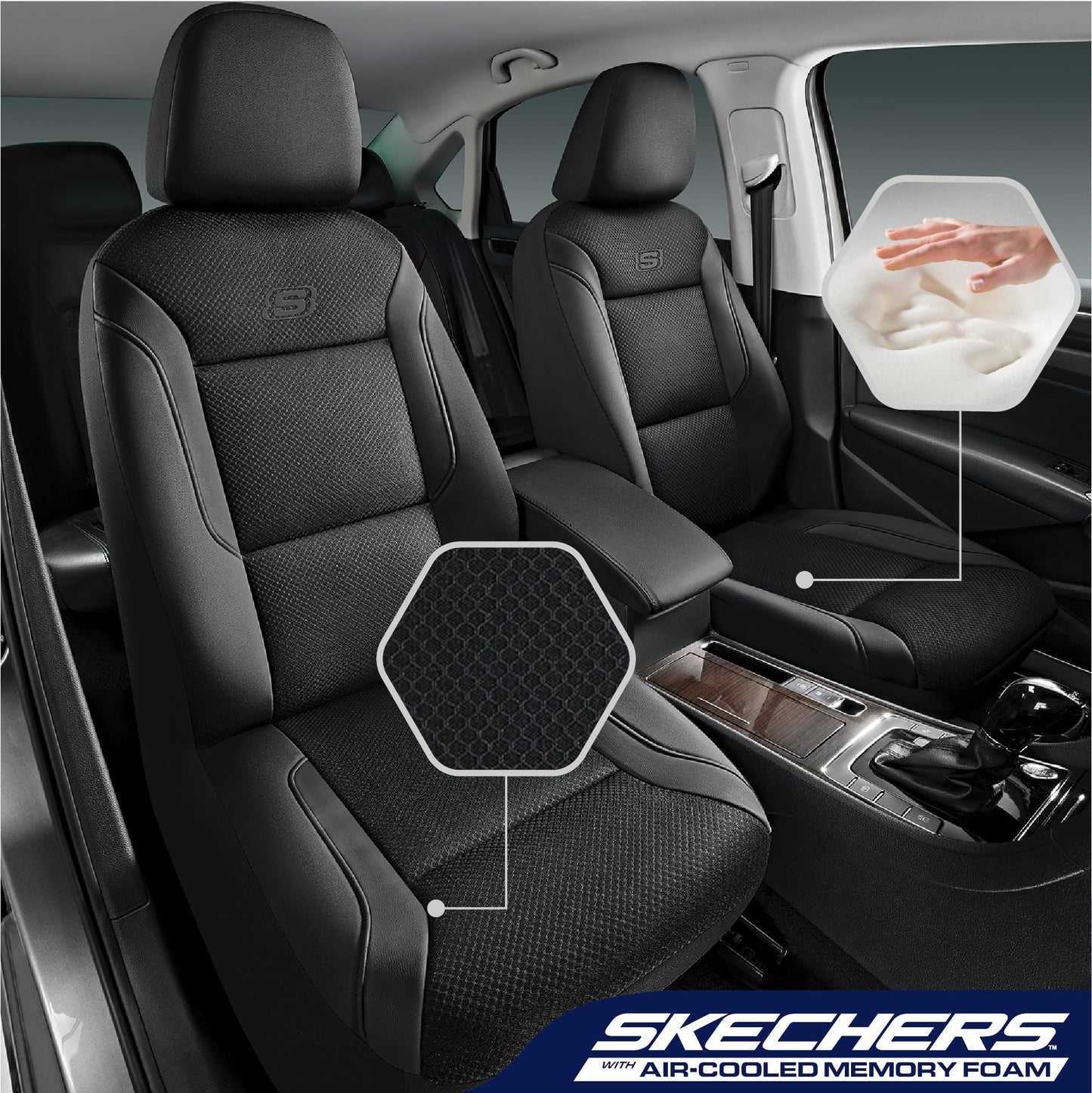 Skechers Memory Foam Leather Car Seat Covers, Air Cool Mesh Thick Seat Covers, Car Seat Covers Front Seats Airbag Compatible, Automotive Comfort for Most Cars, Vans, Trucks, SUV,Black