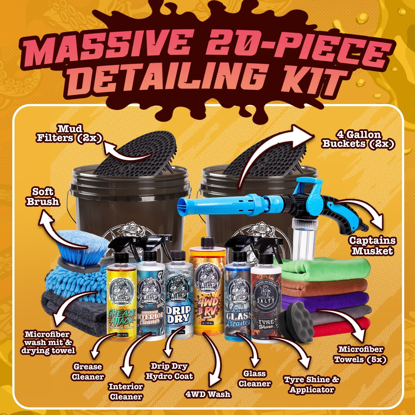 Salty Captain Mega 20-Piece DIY 4WD Cleaning Kit – All-in-One Car Detailing Kit with 2x Buckets, Towels, Brushes & 6x Cleaning Fluids – Foam Blaster compatible with Garden Hose – Premium Quality