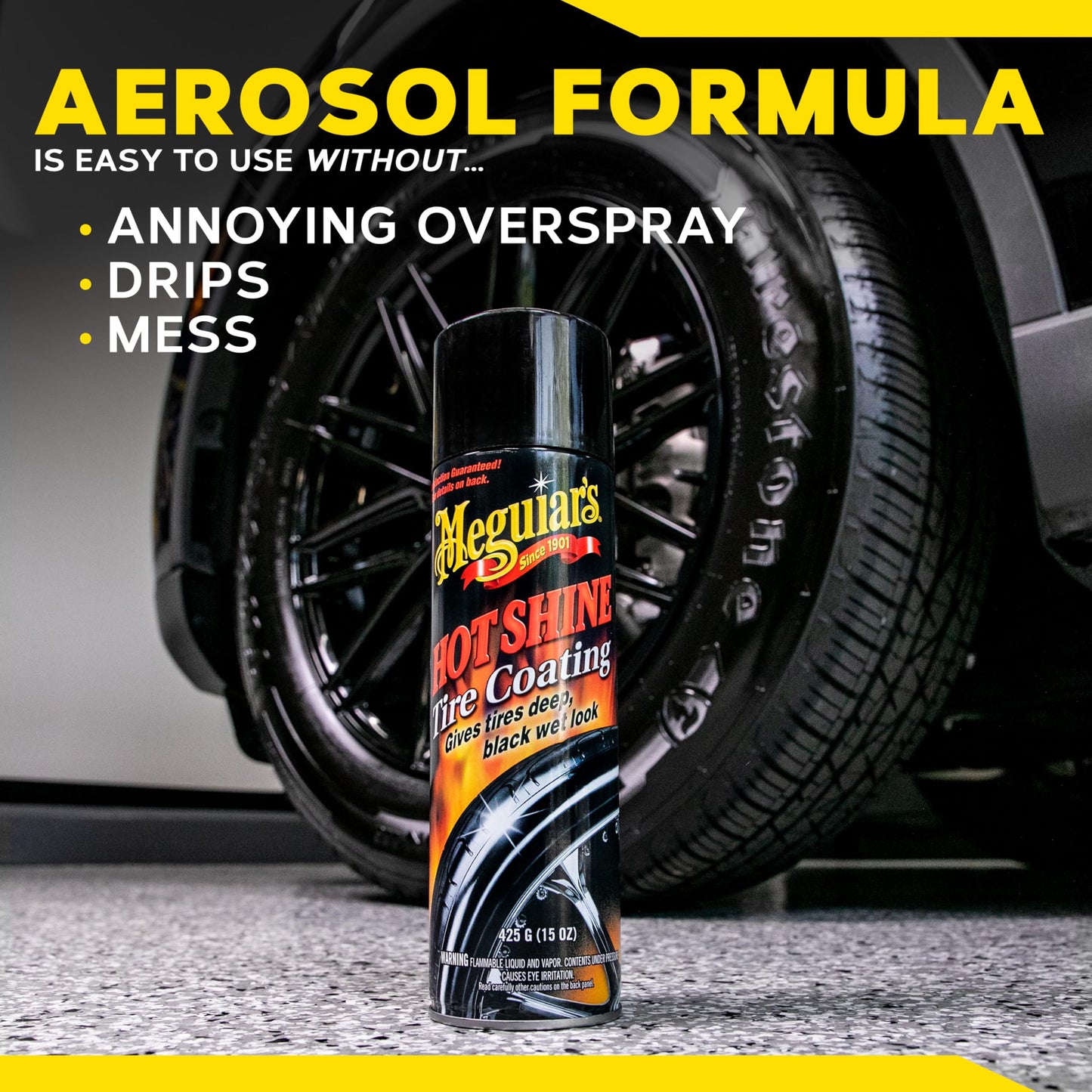 Meguiar's Hot Shine High Gloss Tire Coating, Give Tires a Deep Wet Shine and Long-Lasting Protection with an Advanced Self-Spreading Formula, 15 Oz Aerosol Spray Can