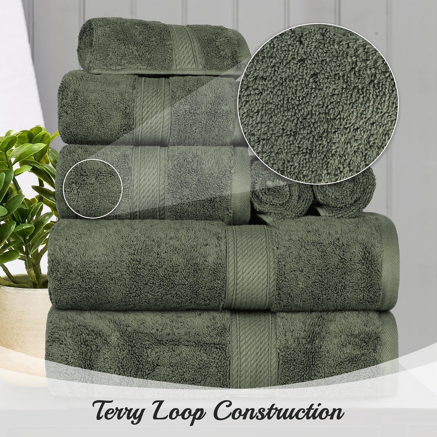 BNM Egyptian Cotton Heavyweight Towels, Ideal For Bathroom, Shower, Spa, Hotel, 800 GSM, Face/ Washcloths, Hand Towels, Bath Towels, Highly-Absorbent, Luxury Basics, 9 Piece Towel Set, Forest Green