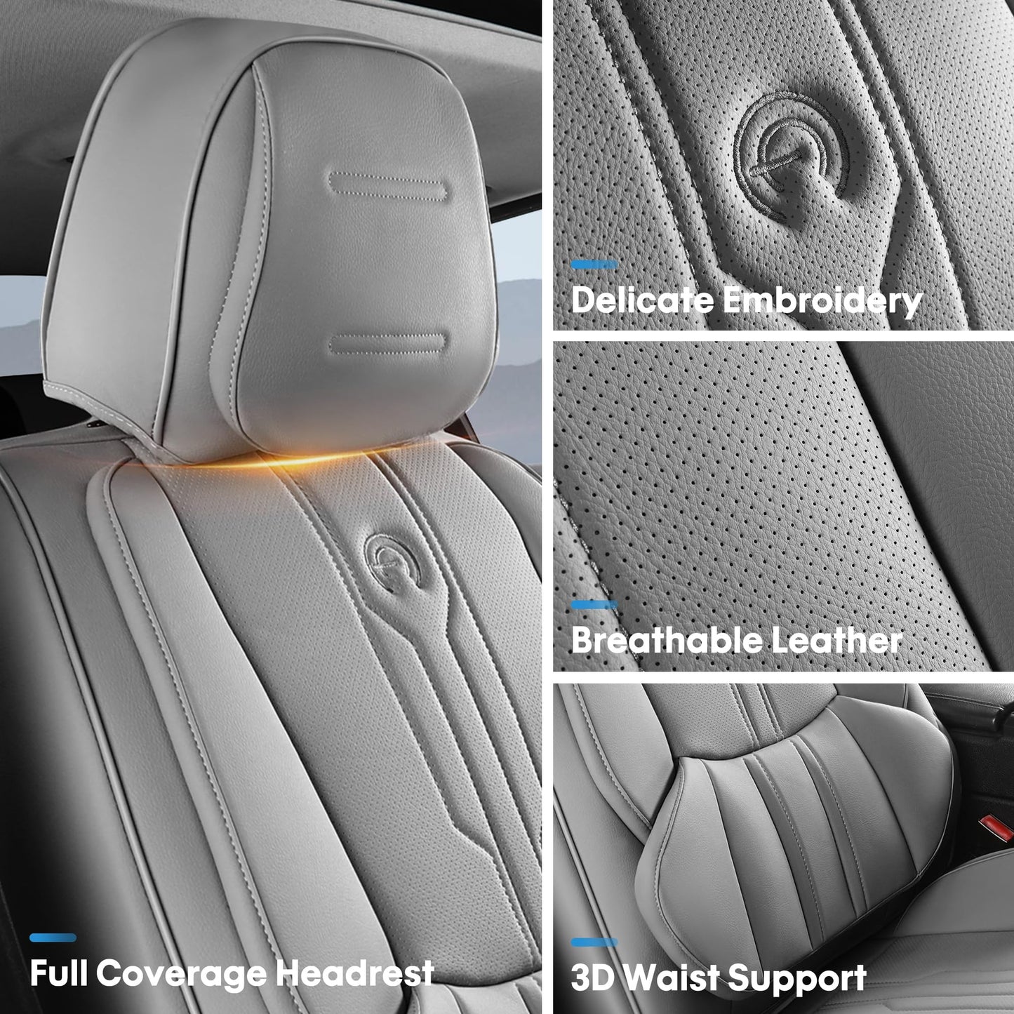 AOOG Car Seat Covers Full Set, Leather Seat Covers for Car, Waterproof Car Seat Protector with Lumbar Support, Automotive Seat Covers Universal Fit for Most Cars SUV Trucks (Full Set, Grey)