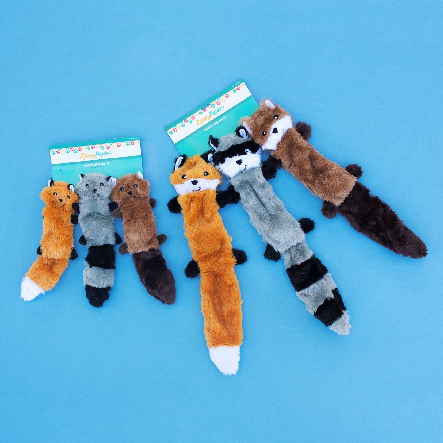 ZippyPaws Skinny Peltz - No Stuffing Dog Toy Pack to Keep Them Busy, for Small and Medium Dogs, Squeaky Pet Toys, Unstuffed Chew Toys, Soft Plush Variety Pack, Fox, Raccoon, and Squirrel - 11"