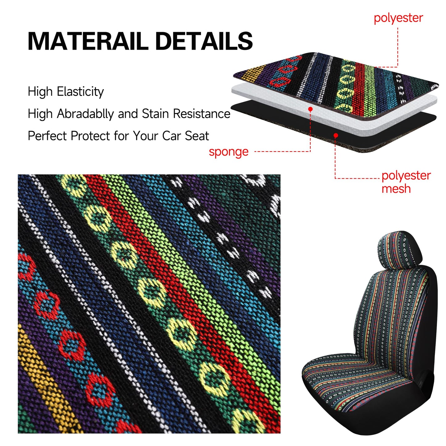 Pariitadin Baja Saddle Blanket Car Seat Covers Front Set with Seat Belt Pads, Washable Breathable Striped Woven Cloth Seat Covers for Cars, Universal Fit Most Cars, Airbag Compatible, Red/Blue