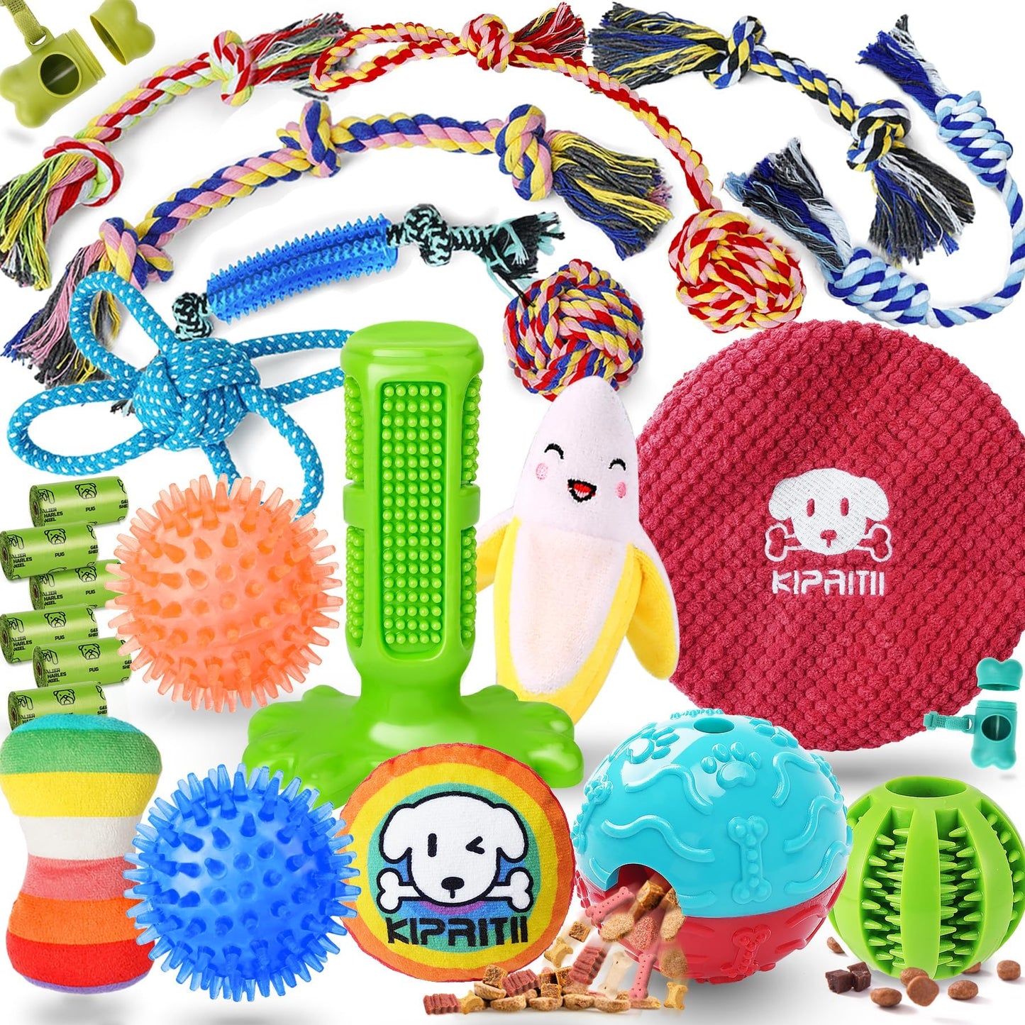 KIPRITII 25 Pack Various Puppy Dog Toys for Teething, Entertainment & Interaction, Puppy Chew Toys Pack with Rope Toy, Treat Balls and Dog Squeaky Toys for Puppies & Small Dogs