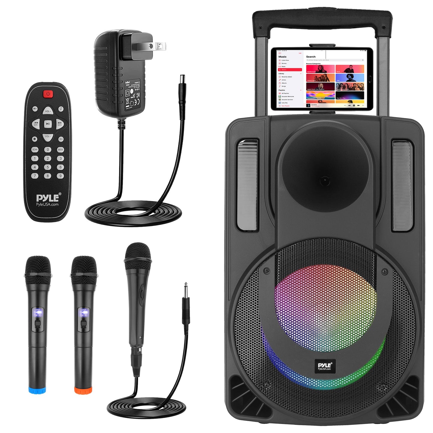 Pyle 15’’ Bluetooth Portable PA Speaker System – Rechargeable Karaoke Party Speaker with Wireless & Wired Microphones, LED Lights, Tablet Stand, USB/SD/FM Radio, Trolley Wheels for Indoor/Outdoor Use