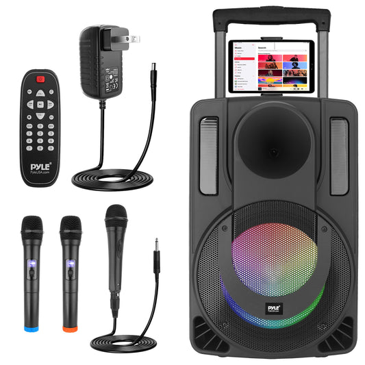 Pyle 15’’ Bluetooth Portable PA Speaker System – Rechargeable Karaoke Party Speaker with Wireless & Wired Microphones, LED Lights, Tablet Stand, USB/SD/FM Radio, Trolley Wheels for Indoor/Outdoor Use