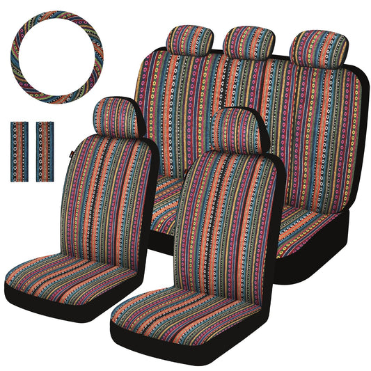 Sino Salected Baja Saddle Blanket Car Seat Covers Full Set with Seat Belt Pads and Steering Wheel Cover, Washable Breathable Striped Woven Cloth Seat Covers for Cars, SUV, Truck, (Orange)