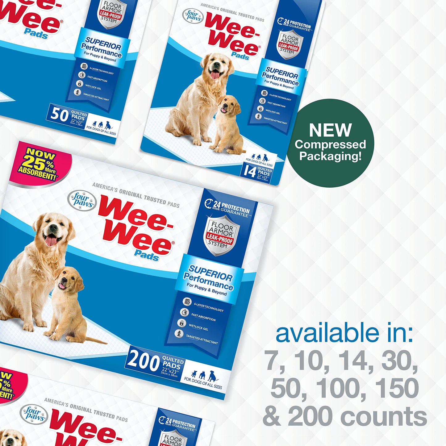 Four Paws Wee-Wee Superior Performance Unscented Pee Pads for Dogs & Puppies, Quilted Leak-Proof Dog Housebreaking Potty Training Floor Protection, 22" x 23", 200 Count