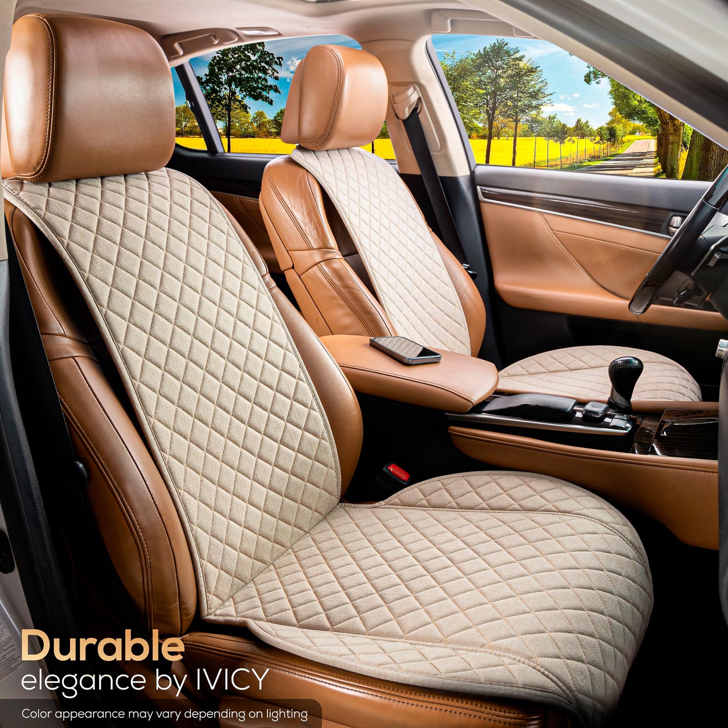 IVICY Faux Linen Car Seat Cover for Cars - Durable & Non-Slip - Front Car Seat Protector Covers for Most Automotive, Vans, SUVs, Trucks - 1 Unit - Light Beige