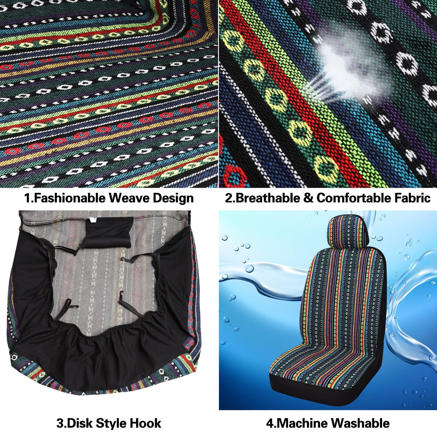 HAIYAOTIMES Baja Saddle Blanket Car Seat Covers Full Set with Seat Belt Pads, Washable Breathable Seat Covers for Cars, Universal Fit Interior Covers for Most Cars, Airbag Compatible, Red/Blue