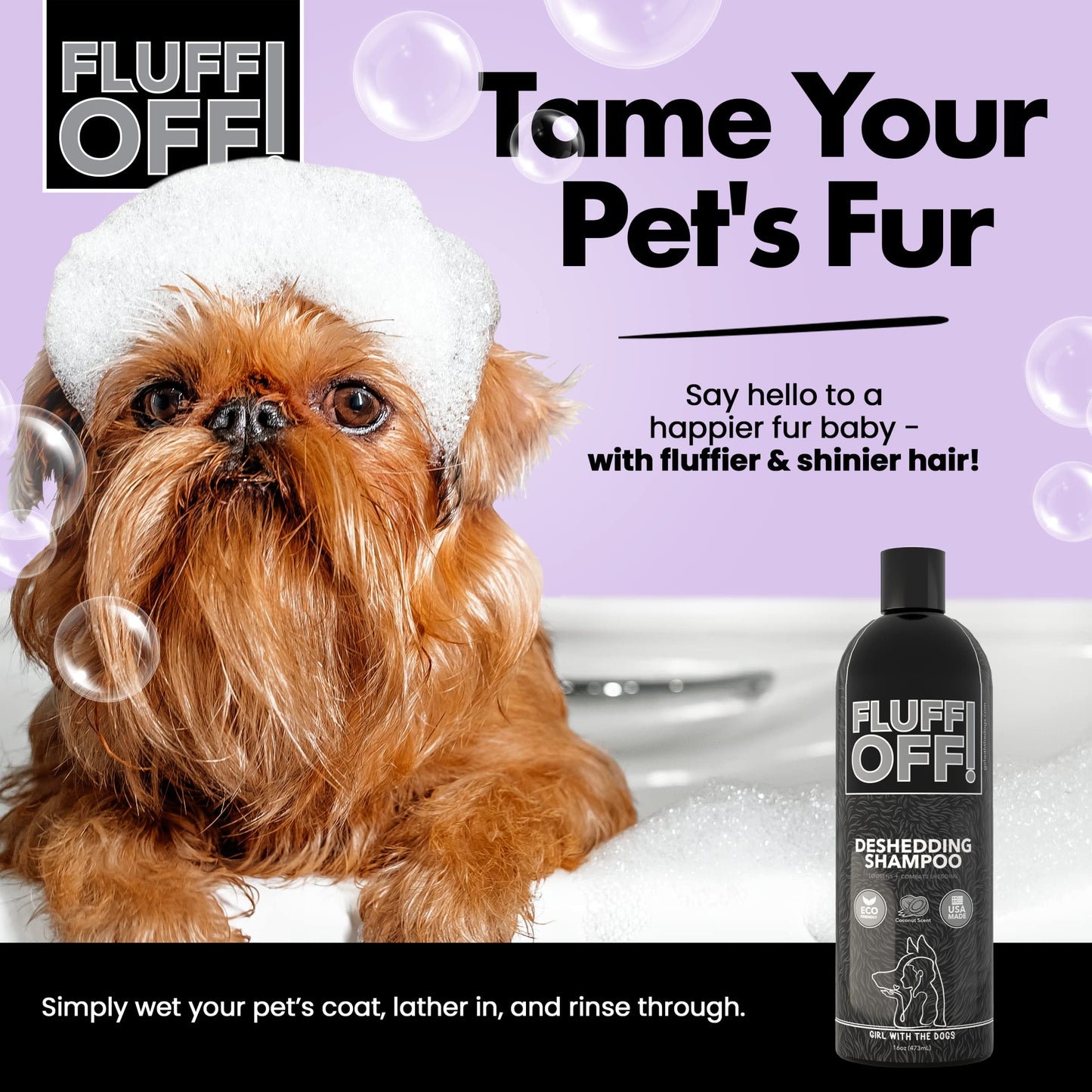Fluff Off! by Girl With The Dogs, Natural Deshedding Dog & Cat Shampoo, 16 Oz, Made in USA, 8 Wks+