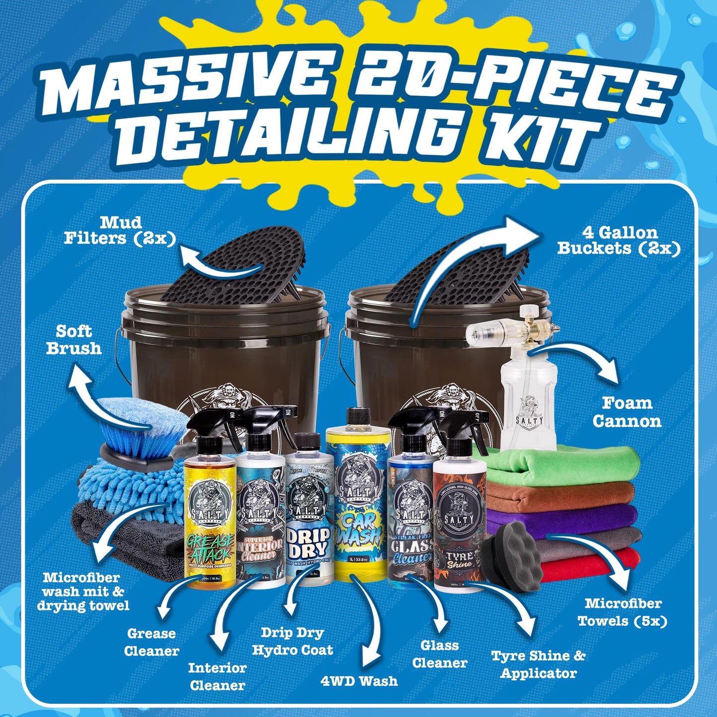 Salty Captain DIY Detailing Car Cleaning Kit – Car Wash Kit with 15L Bucket, Hand Mitt Towels, Brushes & 6x Cleaning Fluids – With Pressure Washer Snow Foam Cannon – Premium Quality & Easy to Use