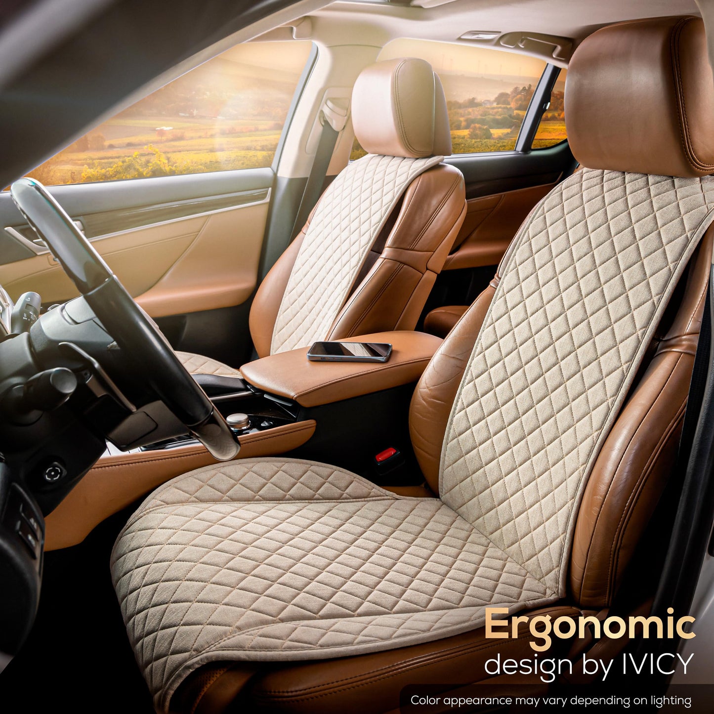 IVICY Faux Linen Car Seat Cover for Cars - Durable & Non-Slip - Front Car Seat Protector Covers for Most Automotive, Vans, SUVs, Trucks - 1 Unit - Light Beige