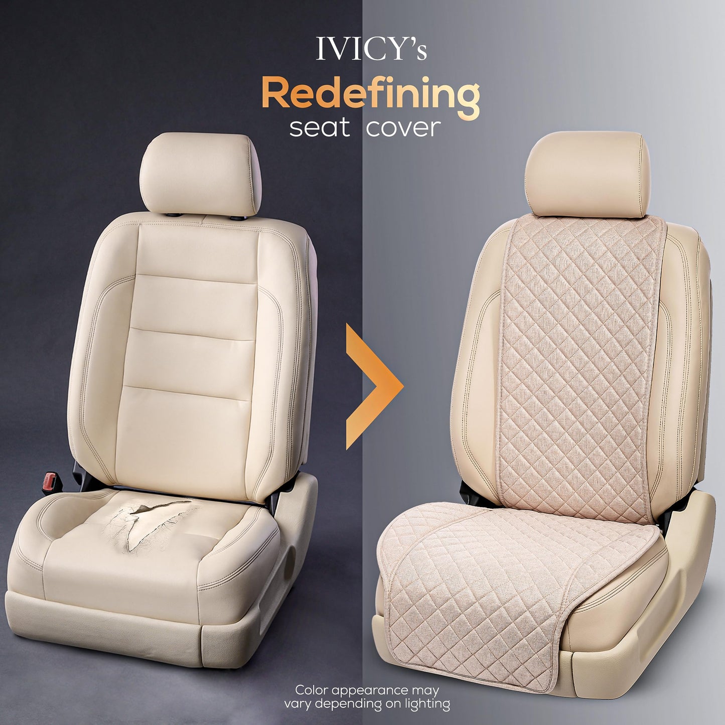 IVICY Faux Linen Car Seat Cover for Cars - Durable & Non-Slip - Front Car Seat Protector Covers for Most Automotive, Vans, SUVs, Trucks - 1 Unit - Light Beige