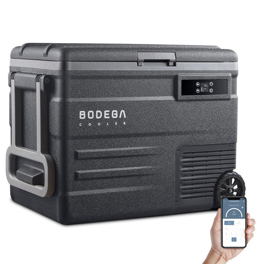BODEGACOOLER 12 Volt Car Refrigerator,58QT(55L) Car Fridge with Wheels,RV Portable Freezer Single Zone,with APP Control,-4℉-68℉ Car Cooler,12/24V DC & 100-240V AC,for Travel,Camping,Outdoor,Vehicles