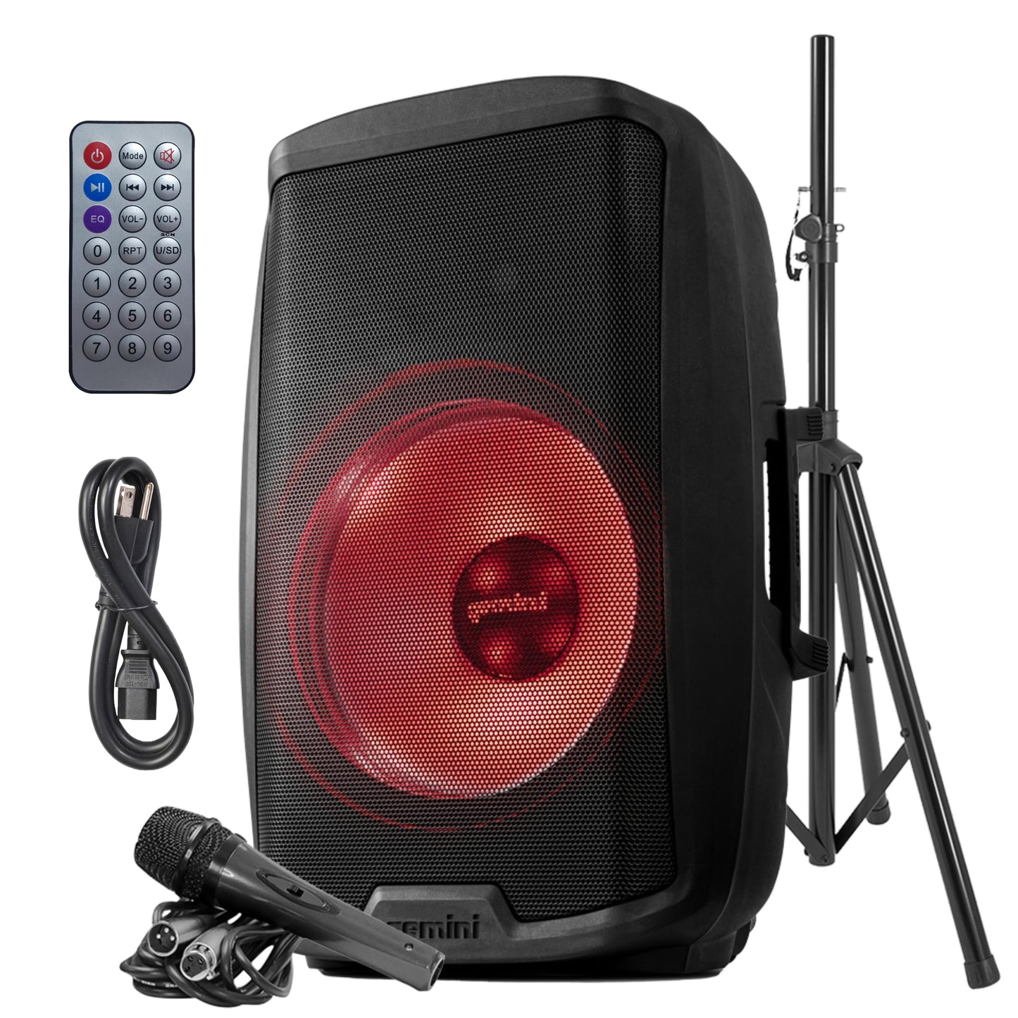 Gemini 2000W Bluetooth PA Speaker w/Stand – 15” DJ Loudspeaker System with LED Lights, USB/SD/FM, Wireless Stereo Pairing, Mic, EQ, Remote & Pro Audio Inputs – Portable Party Sound (AS-2115BT-LT-PK)