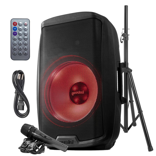 Gemini 2000W Bluetooth PA Speaker w/Stand – 15” DJ Loudspeaker System with LED Lights, USB/SD/FM, Wireless Stereo Pairing, Mic, EQ, Remote & Pro Audio Inputs – Portable Party Sound (AS-2115BT-LT-PK)