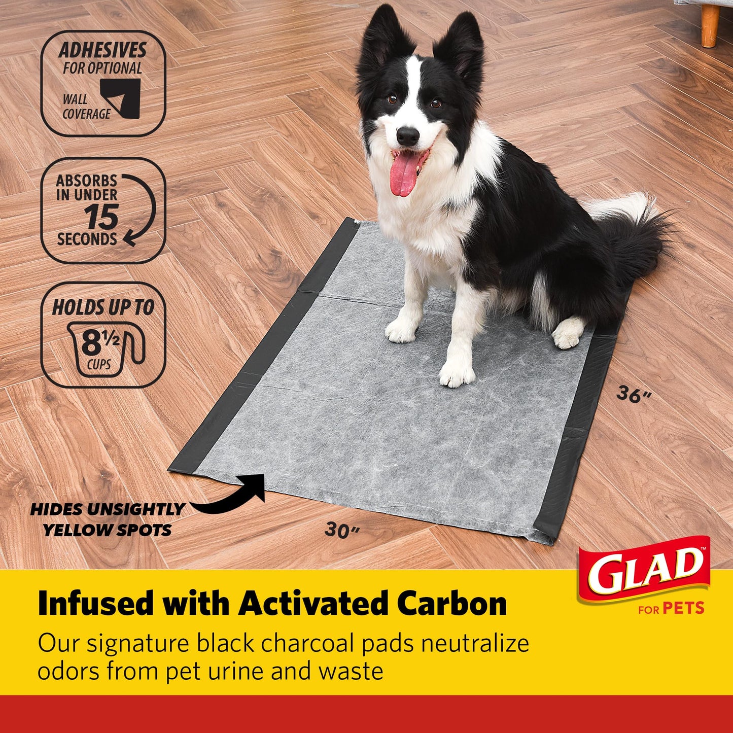 Glad for Pets Day to Night Activated Carbon Puppy Training Pads for Dogs with Wall Protection and Adhesive - Super Absorbent and Leak Proof Disposable Dog Training Pads, 30" x 36", 24 Count