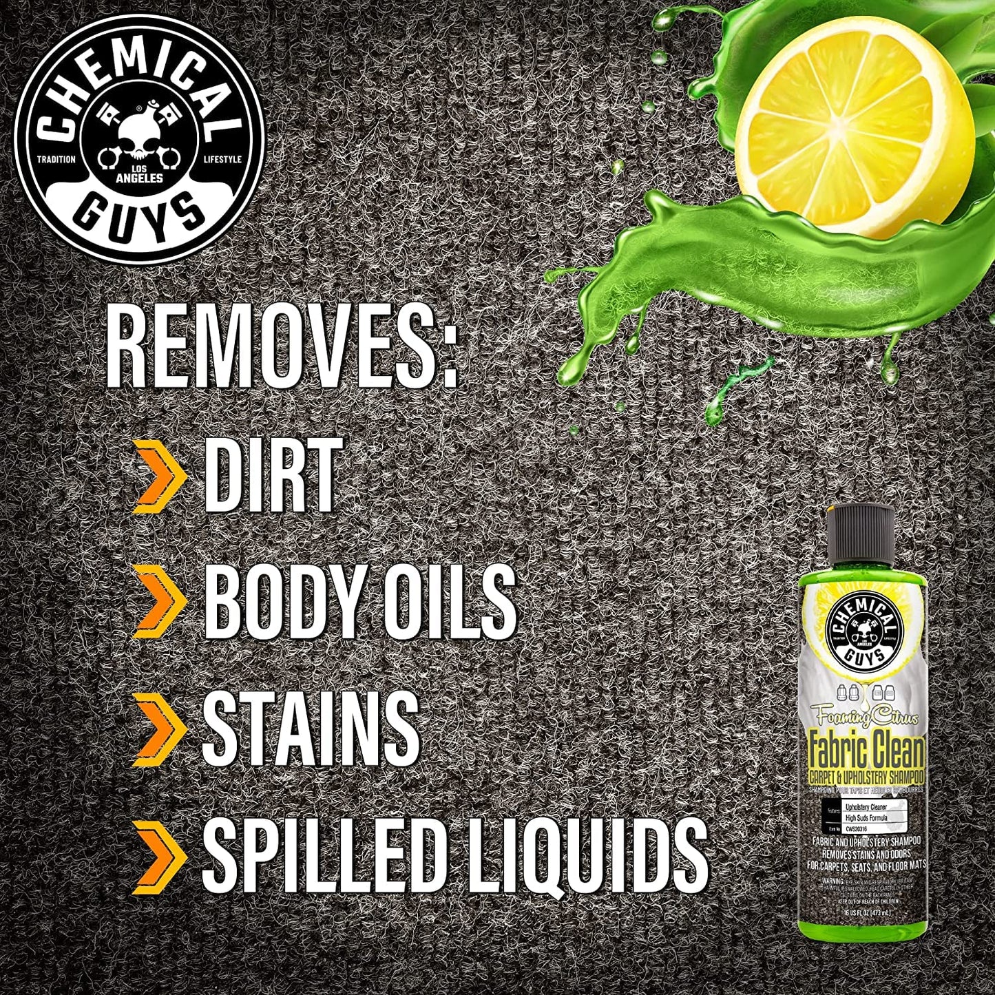 Chemical Guys Foaming Citrus Fabric Clean & Drill Brush Kit - High-Foaming Stain & Odor Remover for Car Carpets, Upholstery & Floor Mats - Deep Cleans & Deodorizes, Citrus Scent - 16 fl oz