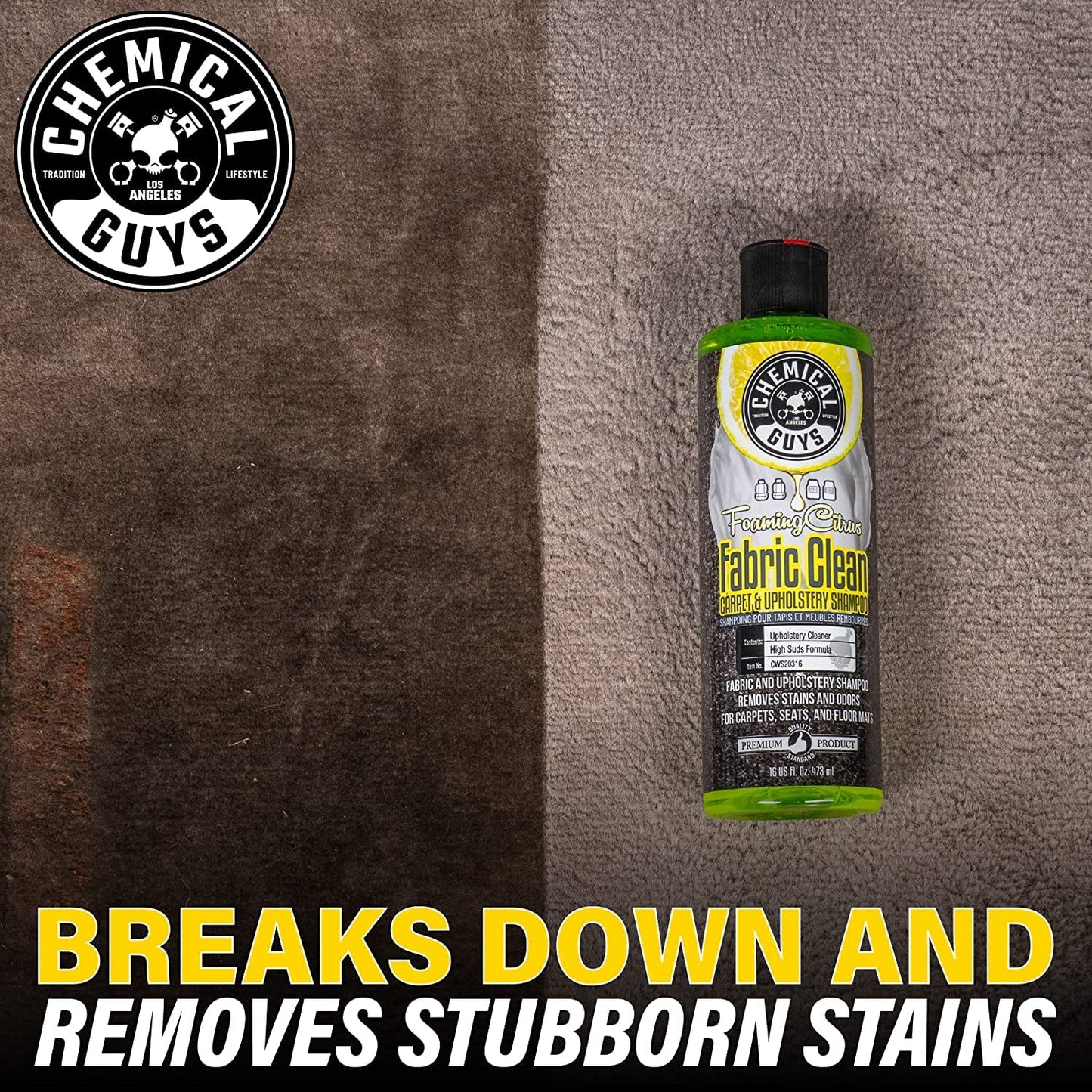 Chemical Guys Foaming Citrus Fabric Clean & Drill Brush Kit - High-Foaming Stain & Odor Remover for Car Carpets, Upholstery & Floor Mats - Deep Cleans & Deodorizes, Citrus Scent - 16 fl oz