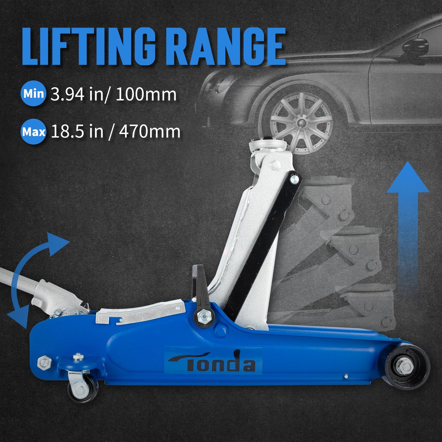 TONDA Low Profile Car Jack, 2.5 Ton (5,000 lb) Hydraulic Trolley Floor Jack for Garage, Home, Shop, Lifting Range 3.35" to 14.57", Blue