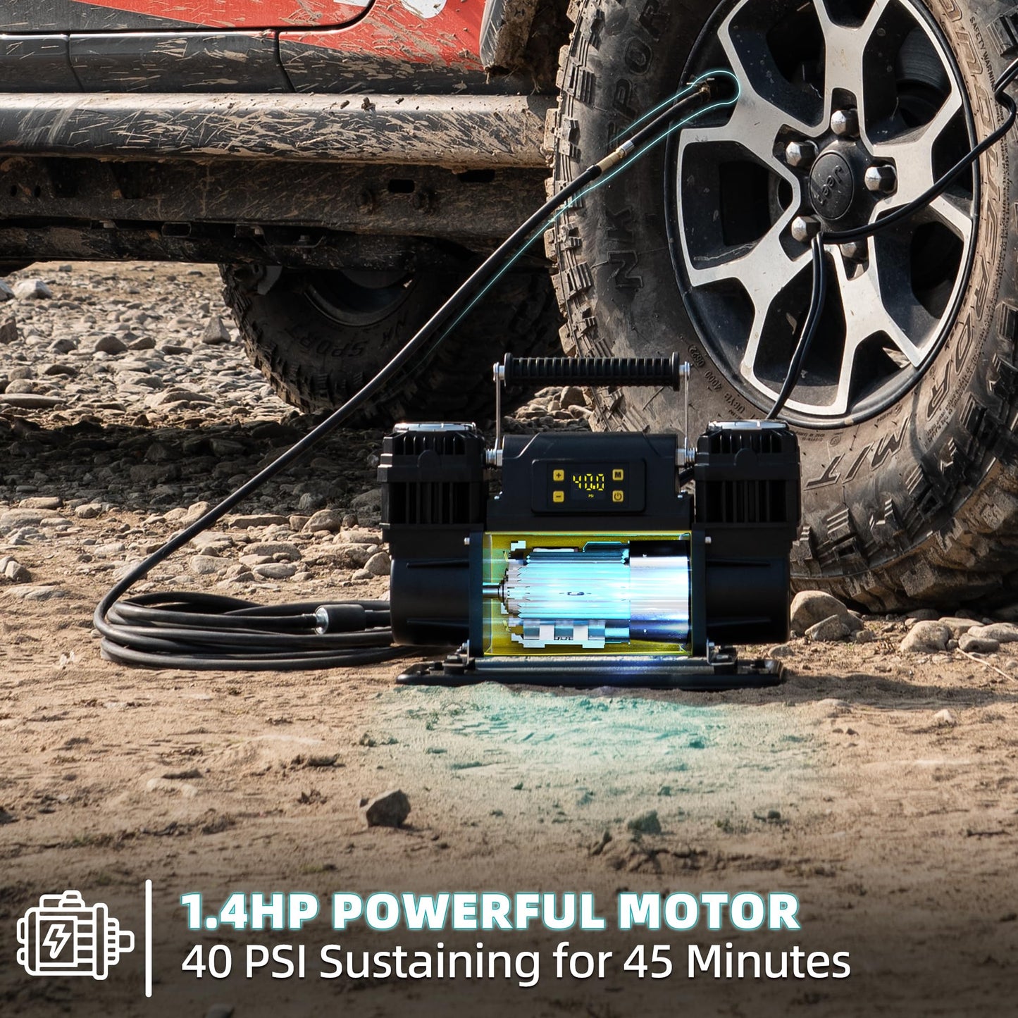 SMAOUT 12V Digital Air Compressor, Offroad Portable Inflator 12.3 CFM, Air Pump Max 150PSI for Heavy-Duty Tires, with LCD Control Panel to Preset Target Pressure, 4x4 Vehicle, SUV, RV