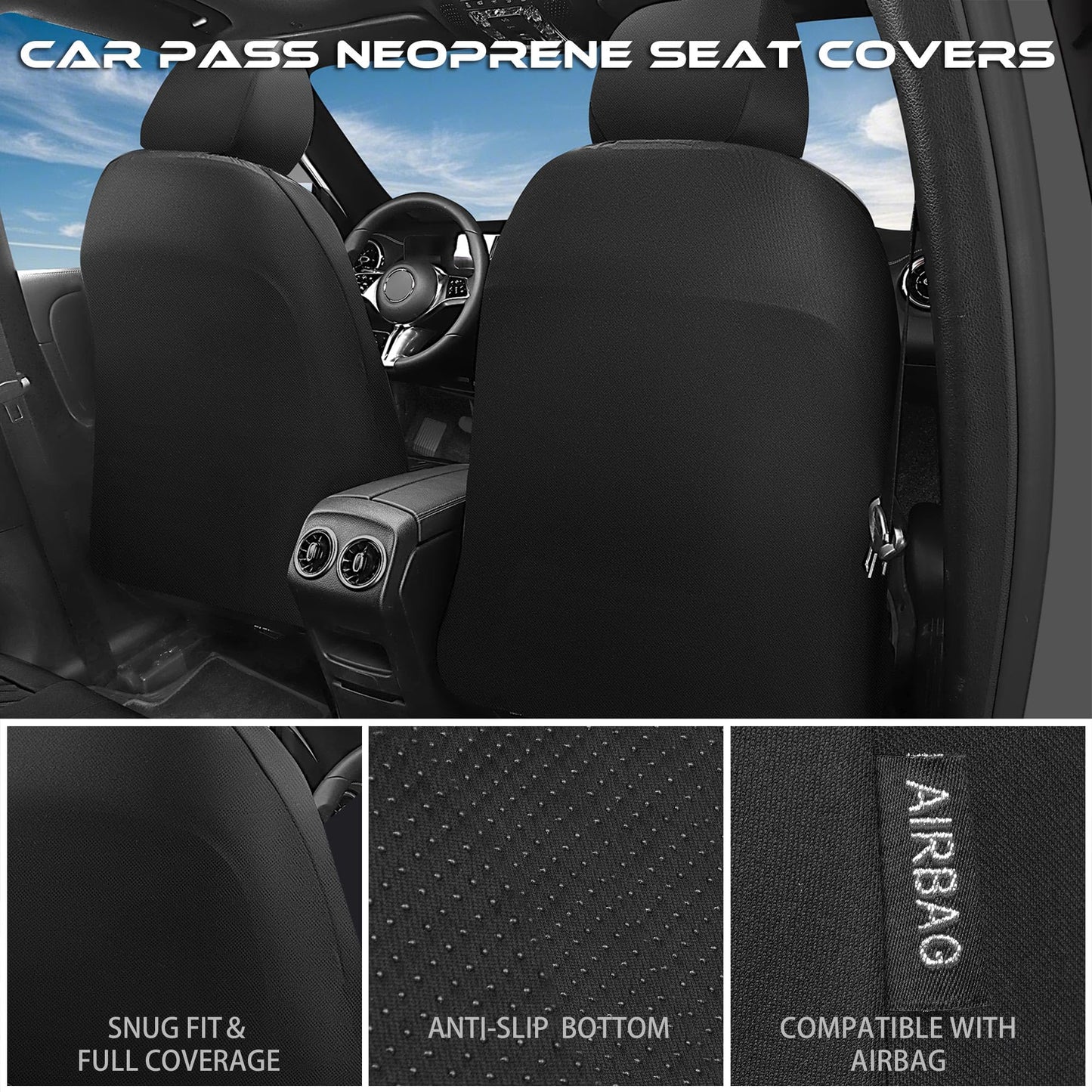 CAR PASS Waterproof Car seat Covers Front Seats Covers Neoprene Wetsuit, All-Weather Non-Slip Durable, Universal Fit for SUV Sedans Trucks Vans Automotive, Armrest Airbag Compatible, Emboss 2 Black