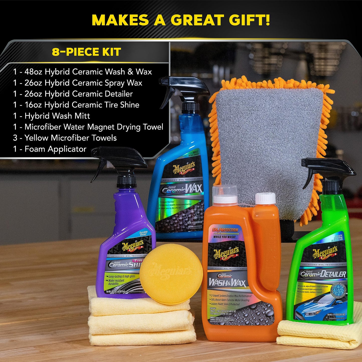 Meguiar's Hybrid Ceramic Wash & Wax Starter Kit - Car Detailing Kit with Advanced Hybrid Ceramic Chemistry for Cleaning, Maintaining, and Protecting Paint and Tires, Premium Accessories Included